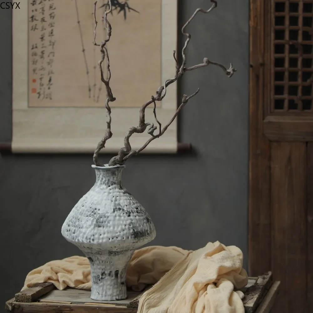 Jingdezhen Wabi Wind Ceramic Vase New Chinese Retro Coarse Pottery Flower Ware Home Decoration Ornament  Home Decoration  Vases