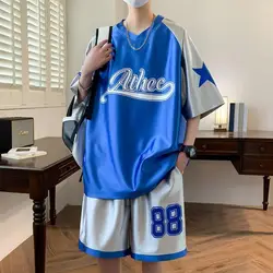 Summer glossy teenagers boy two-piece set Short sleeve loose basketball plus size tank top shorts