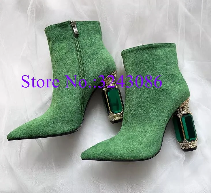 Green Suede Green Crystal Chunky Heel Lady Ankle Boots Sexy 10cm Gemstone Embellished Heels Woman Short Boots