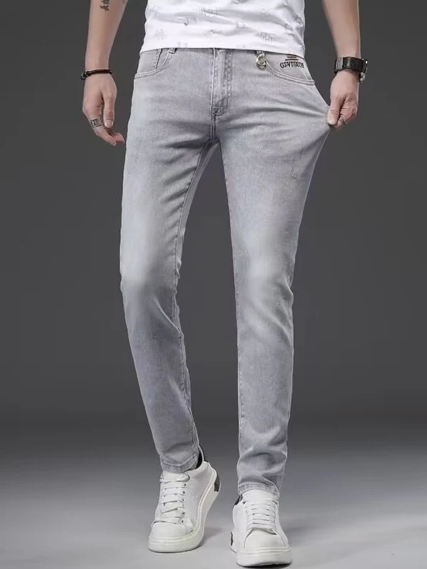 

Мужские джинсы slim fit с флисовой подкладкой, повседневные, с вышивкой, из эластичного хлопкового денима, для осени и зимы, удобные, длинные