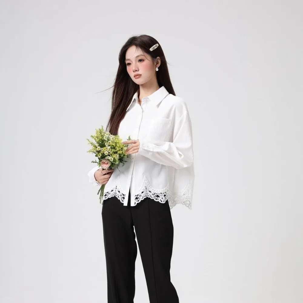 

Irregular Lace Women's Plain Lace Shirt Long Clothing Sleeves Streetwear Korean Style Blouse Leisure Lapel Simple