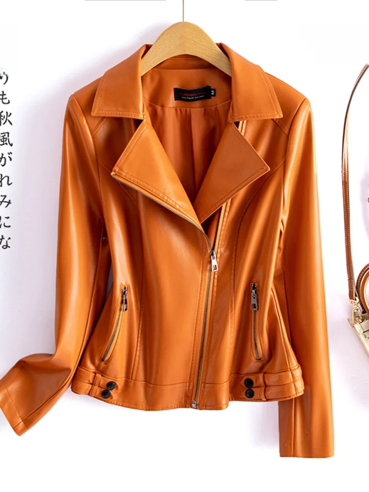 Real Leather Biker Jaet Women's ort Sle Spring Autumn New Arrival Zipper Closure Slim Fit eepskin Coat Hong Kong Sle