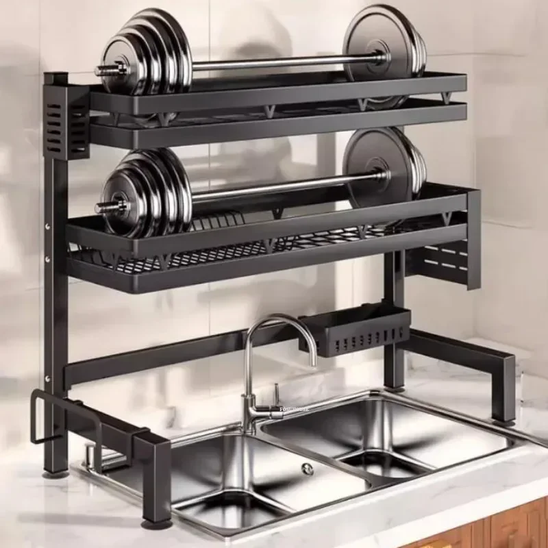 توفير المساحة كونترتوب طبق تجفيف متعدد الوظائف الكربون الصلب رف ل بالوعة المطبخ المنظم أدوات المائدة تخزين حامل p