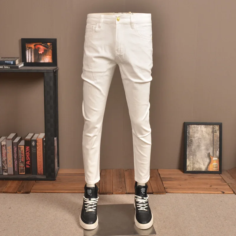 White Cropped Jeans Men's Simple Fashion Stretch Slim Fit Feet Washed All-Matching Printed Casual Office Trousers