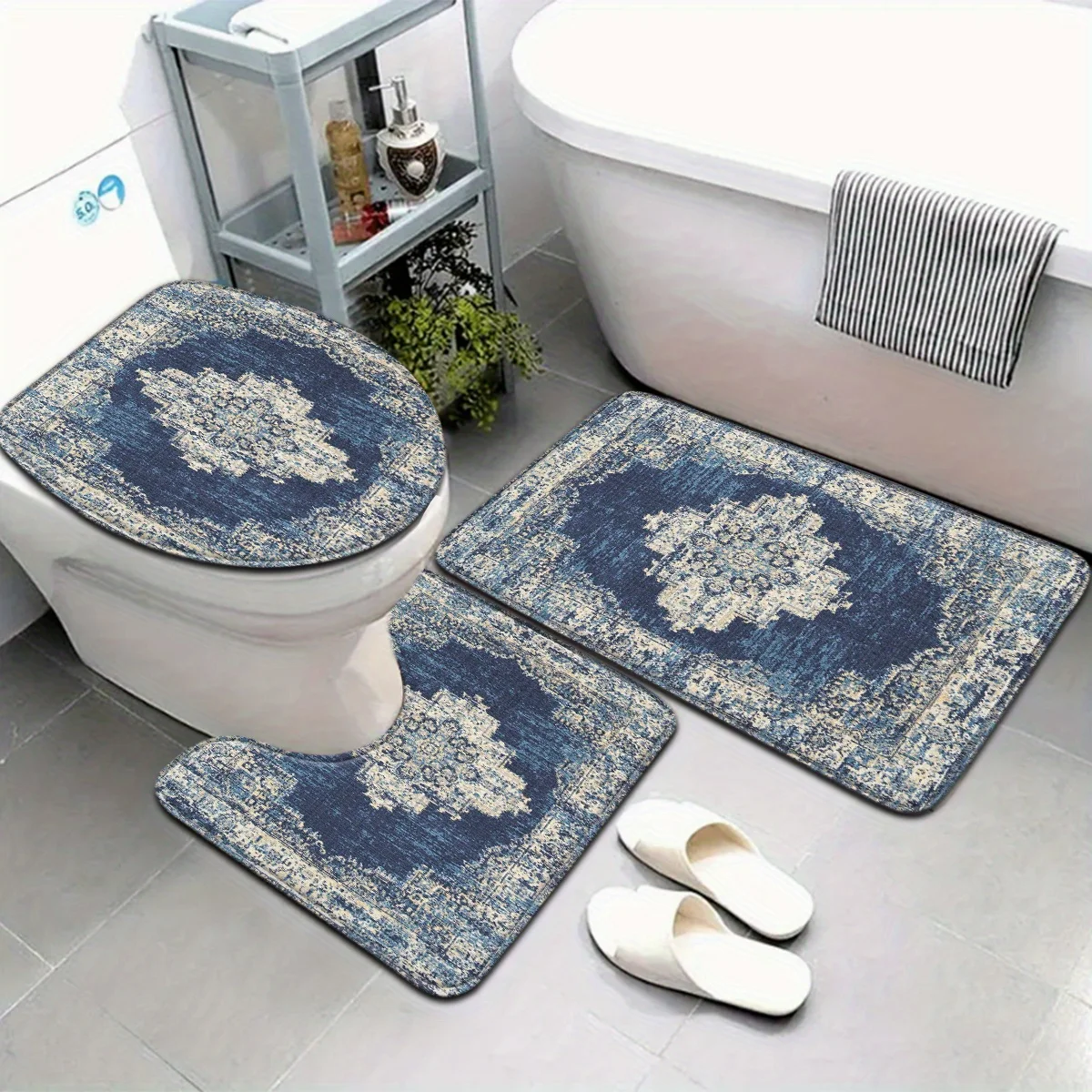 3-piece set of retro ethnic blue and white pattern diamond bathroom anti-slip mat set toilet seat cushion U-shaped mat