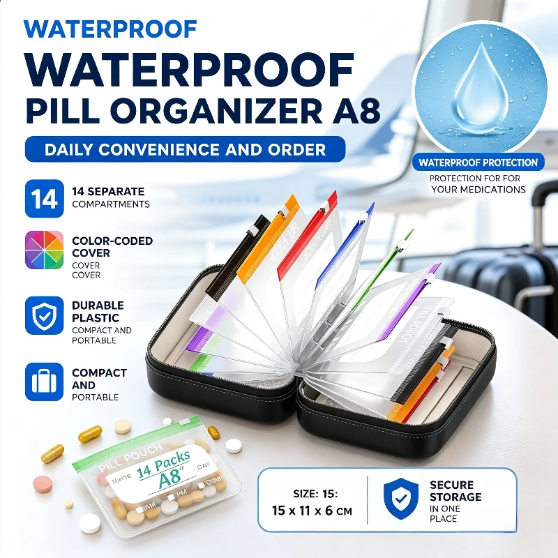 Portable Waterproof Pill Pouch Set 14Pcs Bags Inside A8 Pill Pouches for Travel Organizer Flexible Binder Case for Medicine