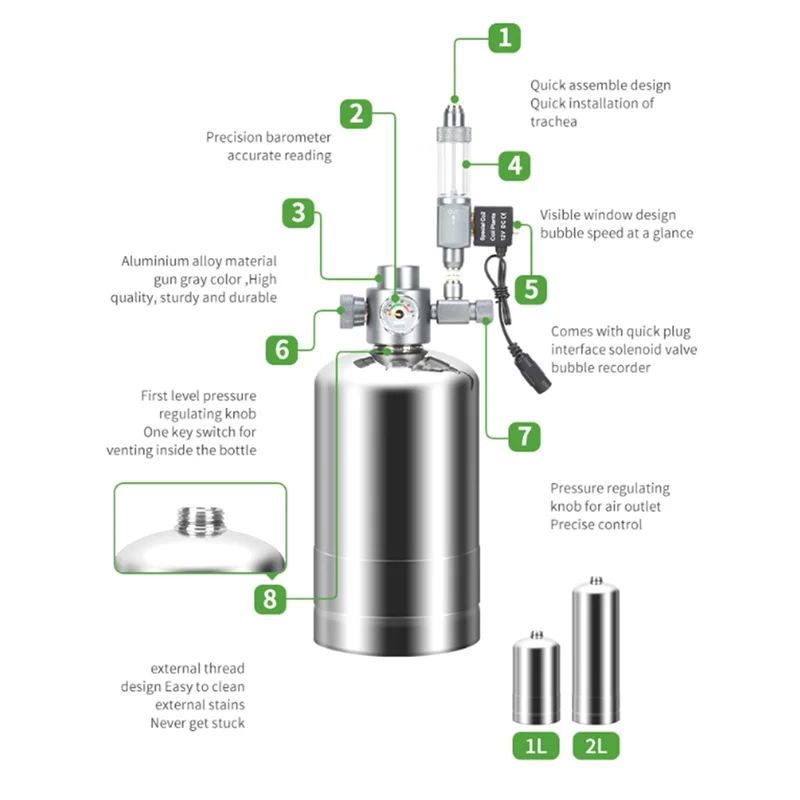 

Генератор A84G-CO2 Быстрая вставка Электромагнитный клапан Пузырьковый манометр Реакция сырья для аквариума Набор генераторов CO2 2L EU Pl