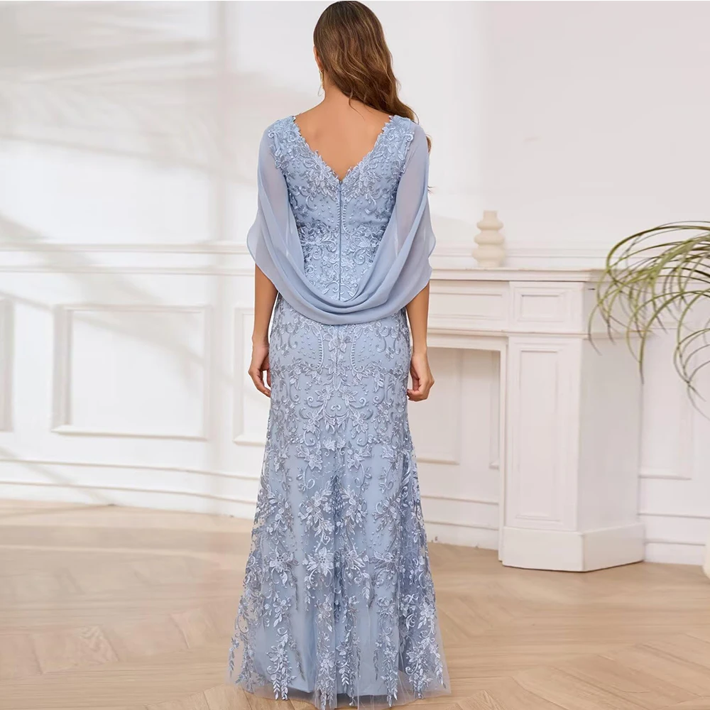 Personalizado requintado renda sereia mãe da noiva vestidos para casamento com decote em v longo formal vestido de noite com mangas capa