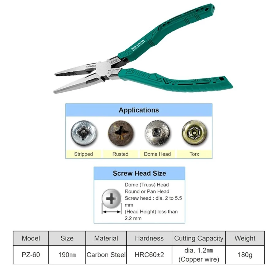 ENGINEER PZ-60 190mm Screw Removal Pliers Multi-function Pliers Wire Cutter Screw Plier Long Nose Pliers Repair Hand Tools