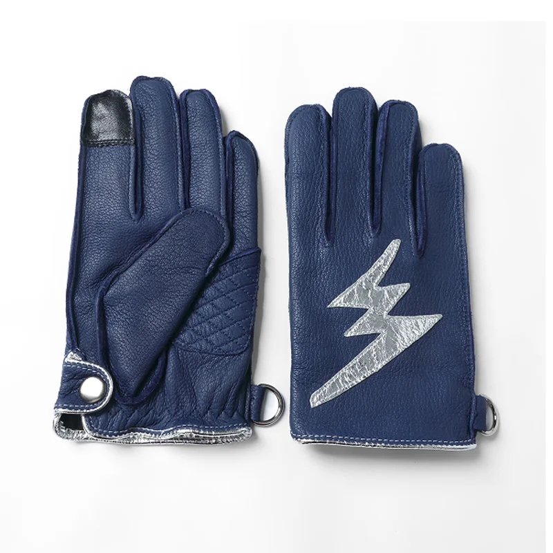Spring Autumn Man 100% Leather Gloves Luxury Soft Deerskin Blue Sliver Color Matching Fullfinger Mitten Black Guantes Para Motos