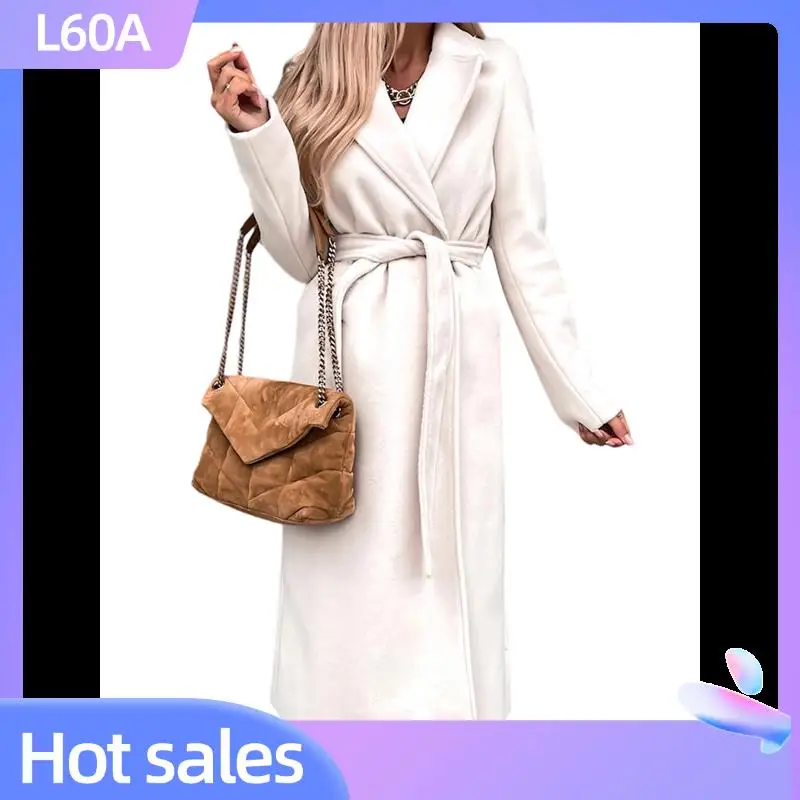 

L60A Women's Notched Lapel Long Sleeves Slim Mid-Long Wool Blend Outerwear Casual Fall Winter Coats With Belt