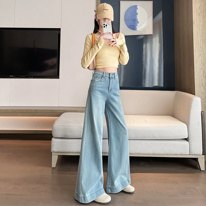 

American Baggy Denim Wide-leg Pants. Women's Spring Autumn New Simple Comfortable High-waisted Floor-length Micro-flared Jeans