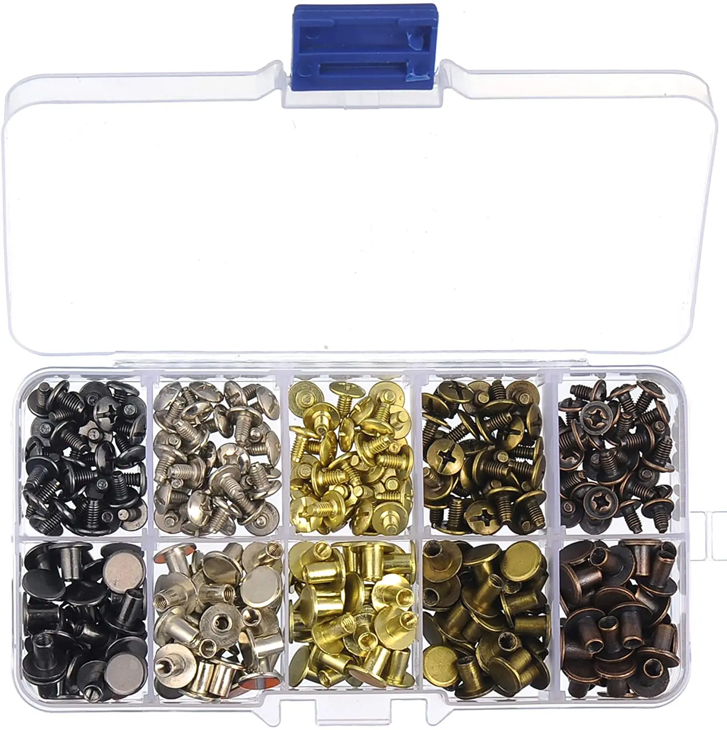 150 Sets Round Flat Head Screws Buttons Metal Studs Rivets Screwback Rivet Studs for Leather Crafting 8MM (Mixed in Box)
