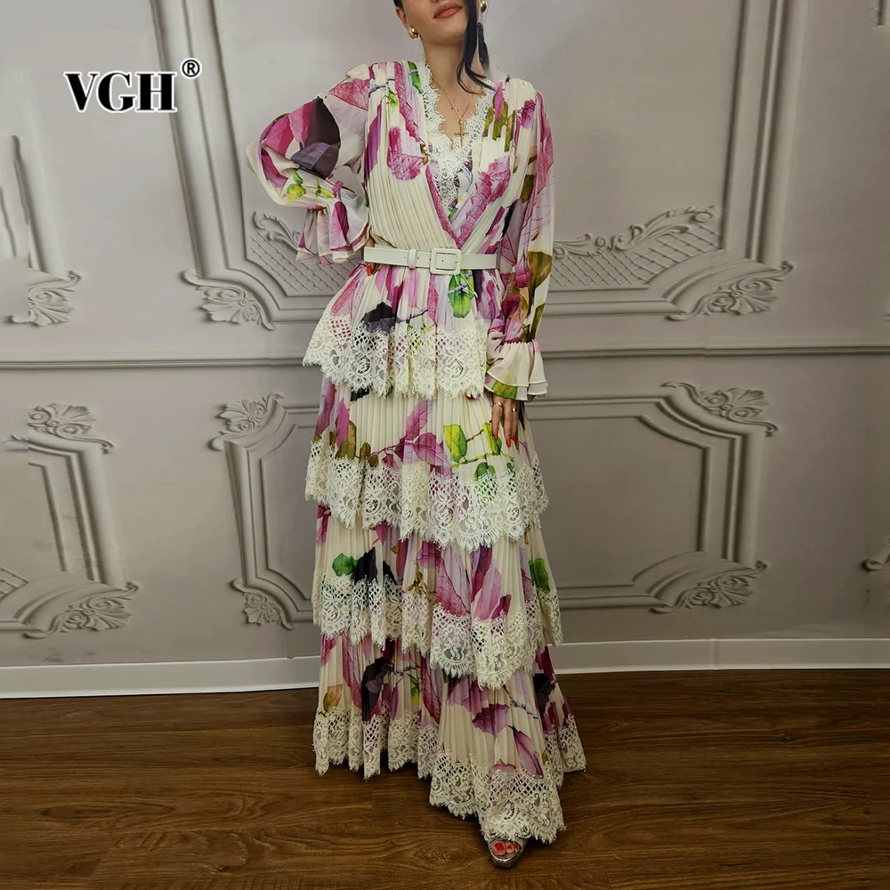 

VGH платье с кружевным краем и принтом для женщин, v-образный вырез, длинный рукав, лоскутные пояса, многоуровневые элегантные темпераментные длинные платья, женские