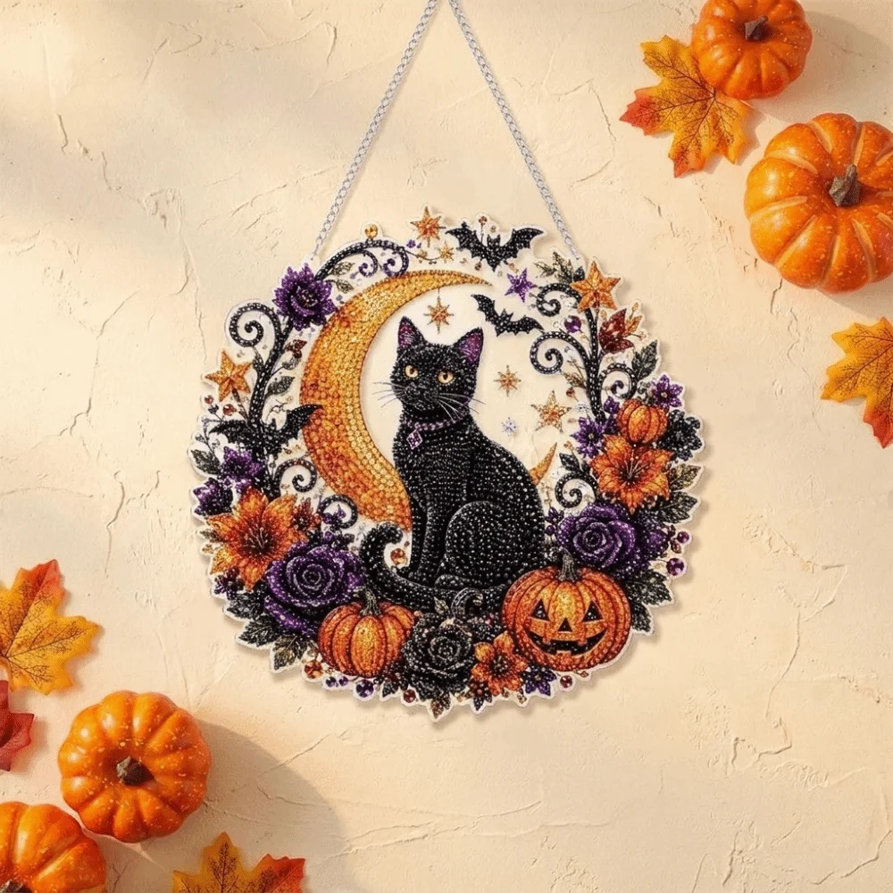 Acrylic Halloween Diamond Painting Kit Black Cat Sparkling Pumpkin Wall Hangings Kit with Hanging Chain Round Ghost Sun Catcher