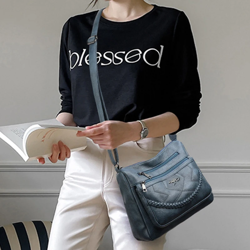 Boho Vintage Damen-Umhängetasche aus weichem Kunstleder, Crossbody-Tasche mit mehreren Reißverschlusstaschen, lässige Alltagstasche für Reisen. – Detail 9