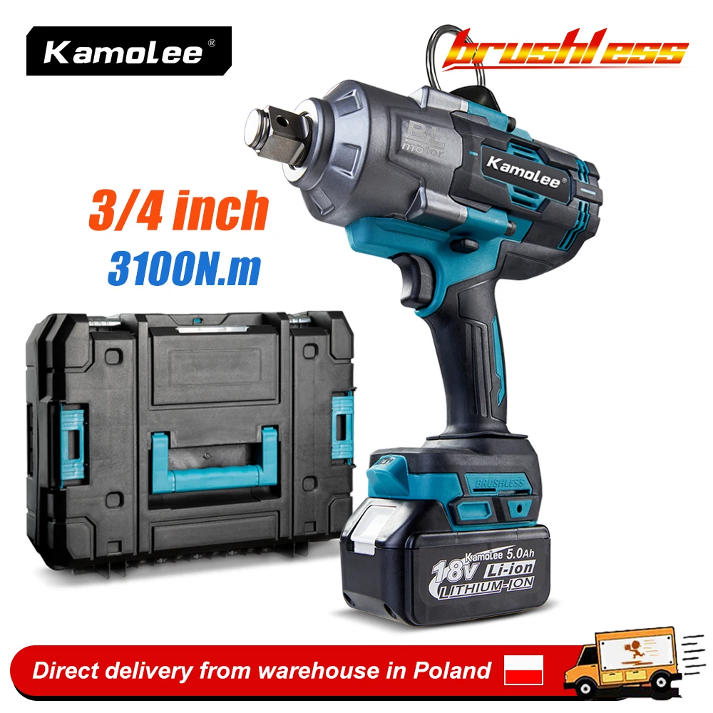 Kamolee 3/4 pollici 3100NM Chiave elettrica senza spazzole Avvitatore a percussione senza fili Utensile elettrico portatile per batteria 18v/21V