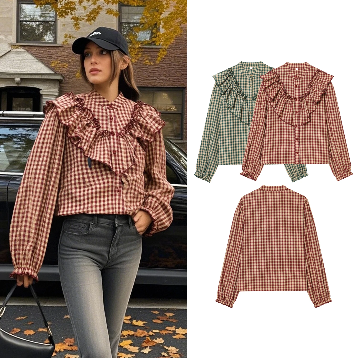Damen Karierte Hemden Frühling Herbst Neue Damenblusen mit Stufendesign O-Ausschnitt Langarm Freizeithemden Elegante Oberteile