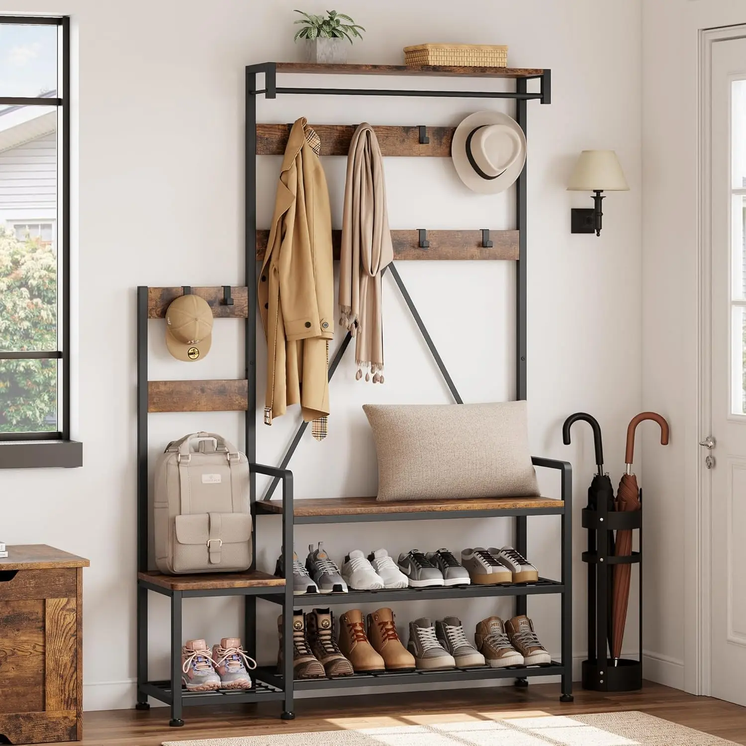 

Coat Rack Shoe Bench Parent-Child Hall Tree with Bench and Shoe Storage Metal Frame Industrial Coat Tree Entryway, Customized