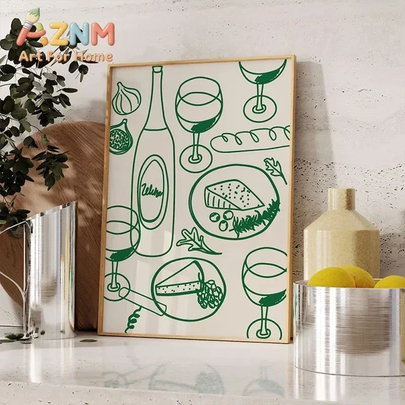 AZNM Green Line Art Wine Food Canvas Wall Art Abstract Kitchen Dining Theme Print Unframed Canvas Poster for Restaurant Home Wal
