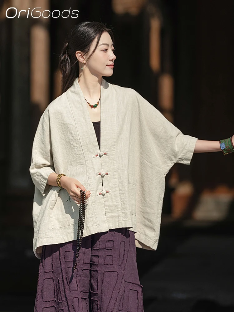 

OriGoods OVERSIZED Shirt Woman Ramie Cotton Oversized Linen Shirt Woman Chinese Style Clothes Vintage Blouse Linen Top C098
