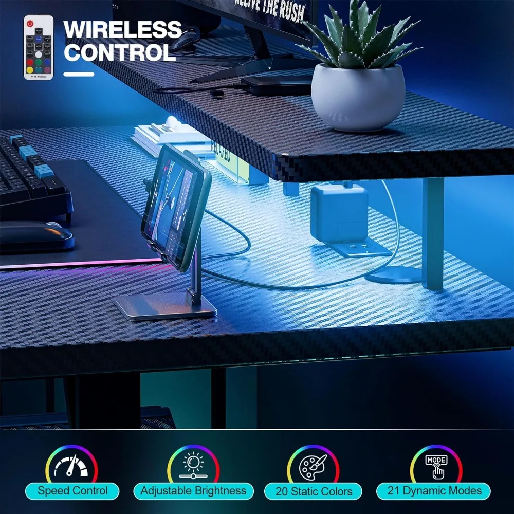 LED-Illuminated 47 Inch Gaming Desk with Power Outlets and Monitor Stands, Ergonomic Computer Desk for Gamers with Cup Holder an