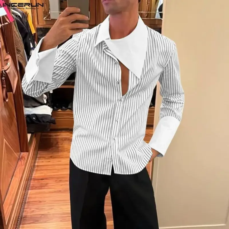 

INCERUN Men Shirt Striped Patchwork Irregular Collar Long Sleeve Men Clothing Streetwear Loose Fashion Casual Camisas 2026 S-5XL
