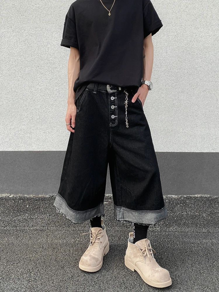 

Мужские джинсы или брюки в стиле ретро-американский дизайн, модные, свободные, с широкими прямыми штанинами и рваным краем, длина семь футов