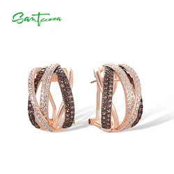 SANTUZZA Genuine 925 Sterling Silver Earrings For Women Sparkling Nano Brown Spinel White CZ Stud Cross Stylish Fine Jewelry