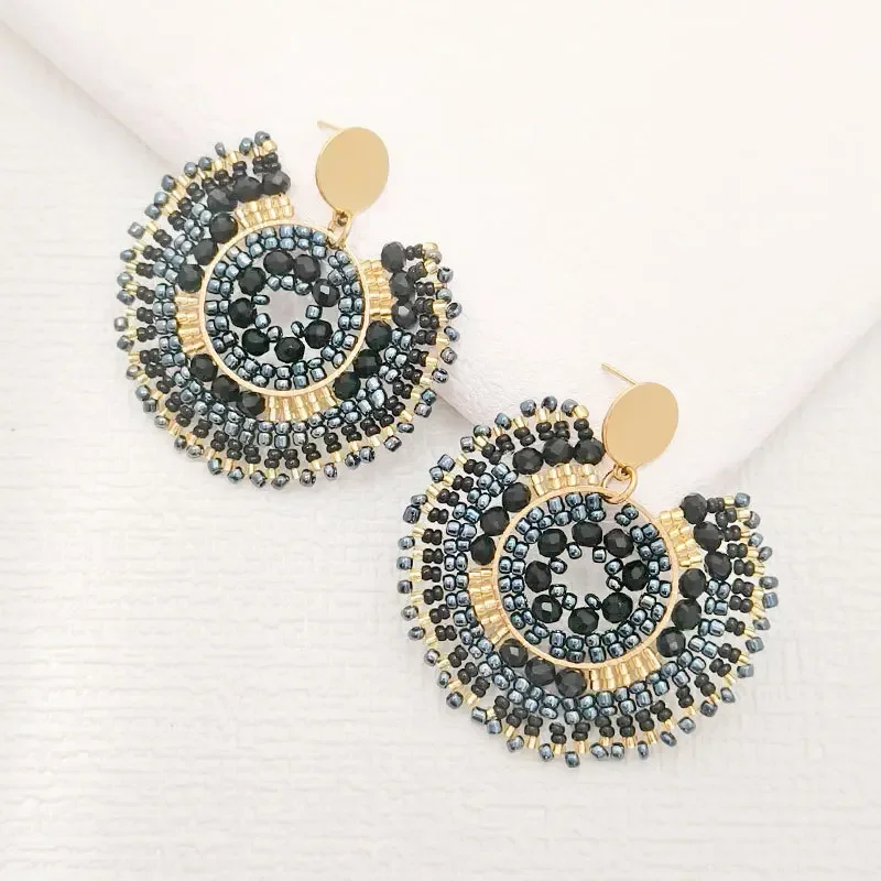 Beaded earrings Circle Sunflower Crystal Hollow out Originality Hand knitting Bohemia Alloy Tide Retro Black Rice bead earrings