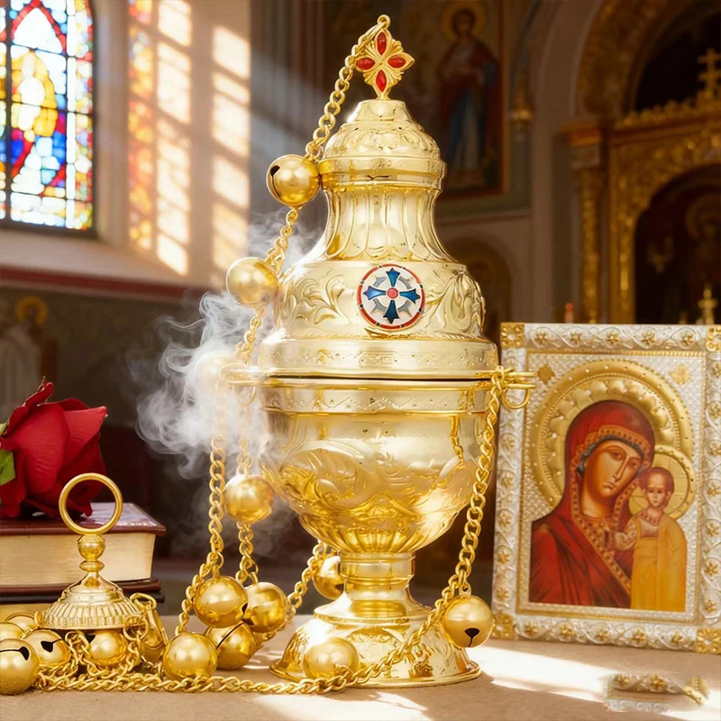Neuer orthodoxer Weihrauchbrenner mit Kette und Glocken aus vergoldeter Zinklegierung, für Kirchenzeremonien, mit traditionellem Design, Geschenk. – Detail 5