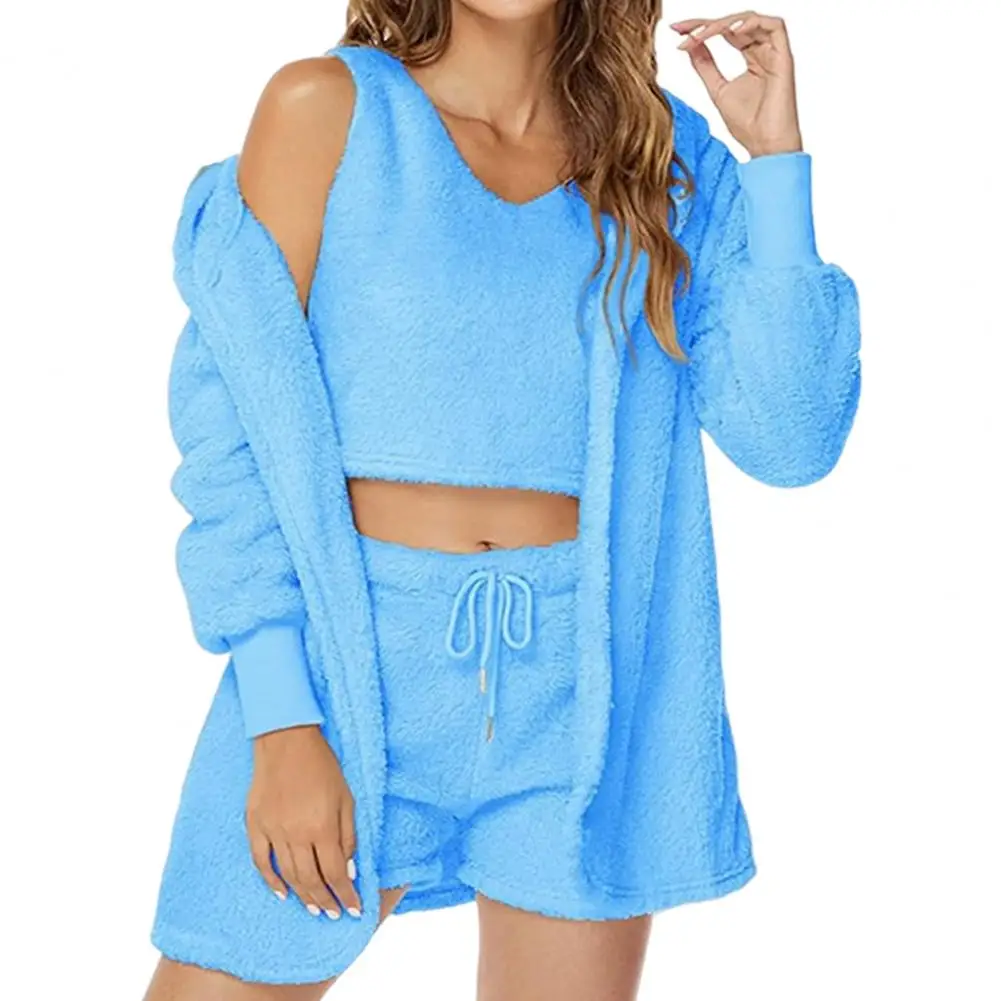 Winter 3 Piece Fluffy Outfits Plush Sexy Backless Fleece Pyjamas Women Casual Sports Sweatshirt Home Wear Sets Tracksuit Autumn