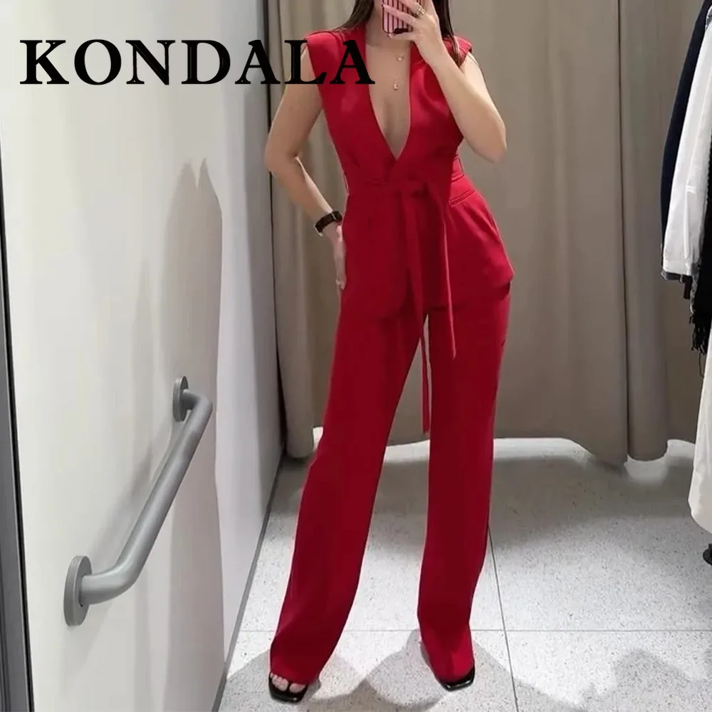 

KONDAL 2026 Spring Summer Streetwear Women Suits Fashion Casual Solid Sashes V Neck Open Stitch Vests Chic High Waist Flare Pant