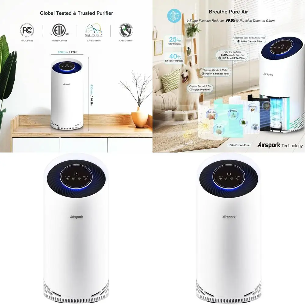 

4-ступенчатый HEPA-очиститель воздуха для больших помещений площадью до 2400 кв. футов: улавливает 99,99% пыли, дыма, пыльцы, шерсти домашних животных и запахов, уровень шума 22 дБ.