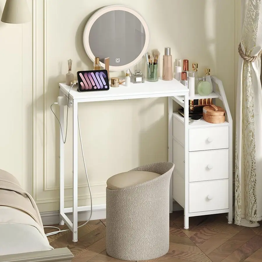

YATINEY Small Vanity Desk Without Mirror, Makeup Vanity Table with Power Outlet, White Vanity with Fabric Drawers, Dressing Tab