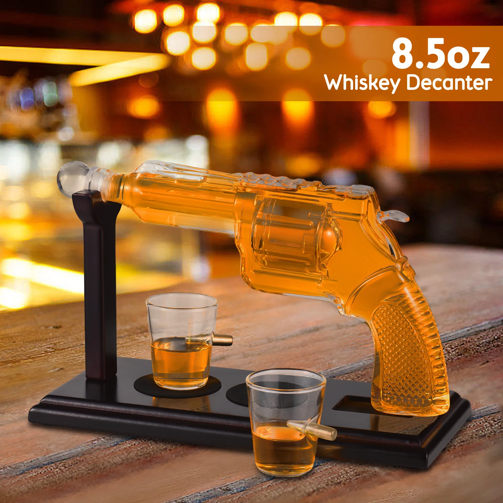 Whiskey Decanter Sets for Men Unique Whiskey Gifts for Men 8.5 OZ Pistol Shaped Cool Liquor Dispenser w/ Two 1.7 OZ Glasses