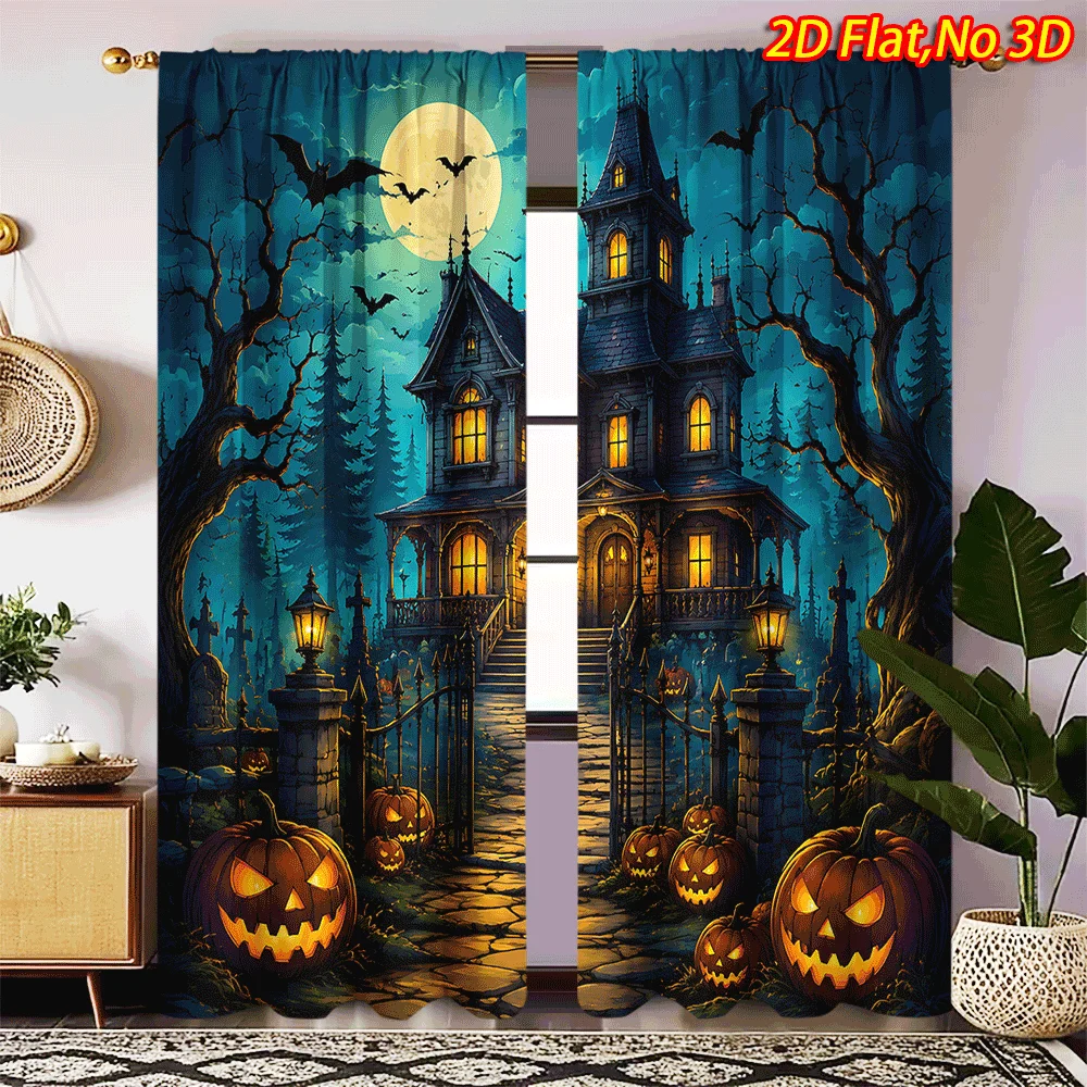 Spooky Halloween Curtain Panels, Creepy Haunted Manor Jack‑o‑lantern Flying Bats Big Moon Scene Print Drapes for Living Room