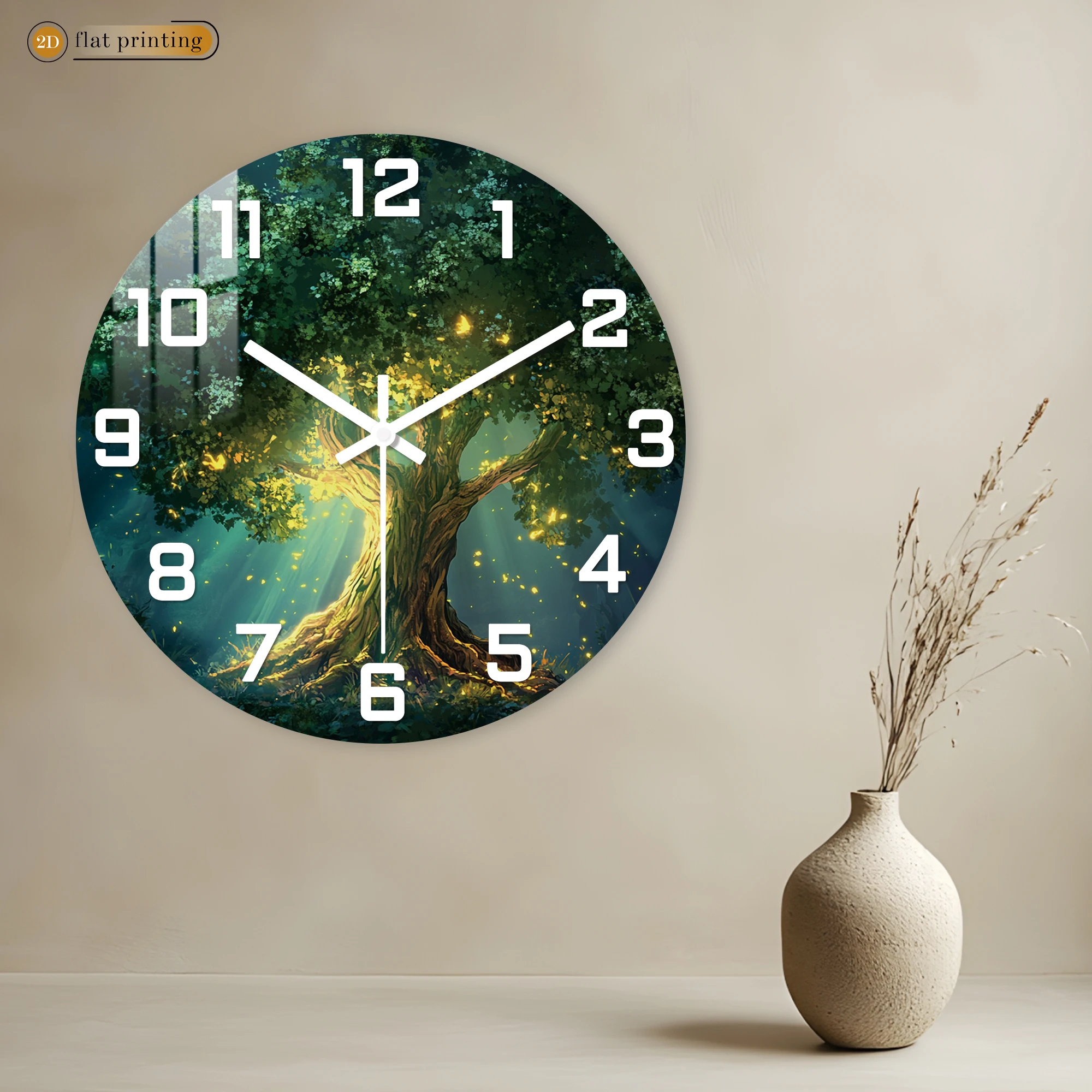 Enchanted Glowing Tree Wall Clock - Fantasy Forest 2D Flat Printed Round Timepiece - Silent Non-Ticking Decorative Wall Clock