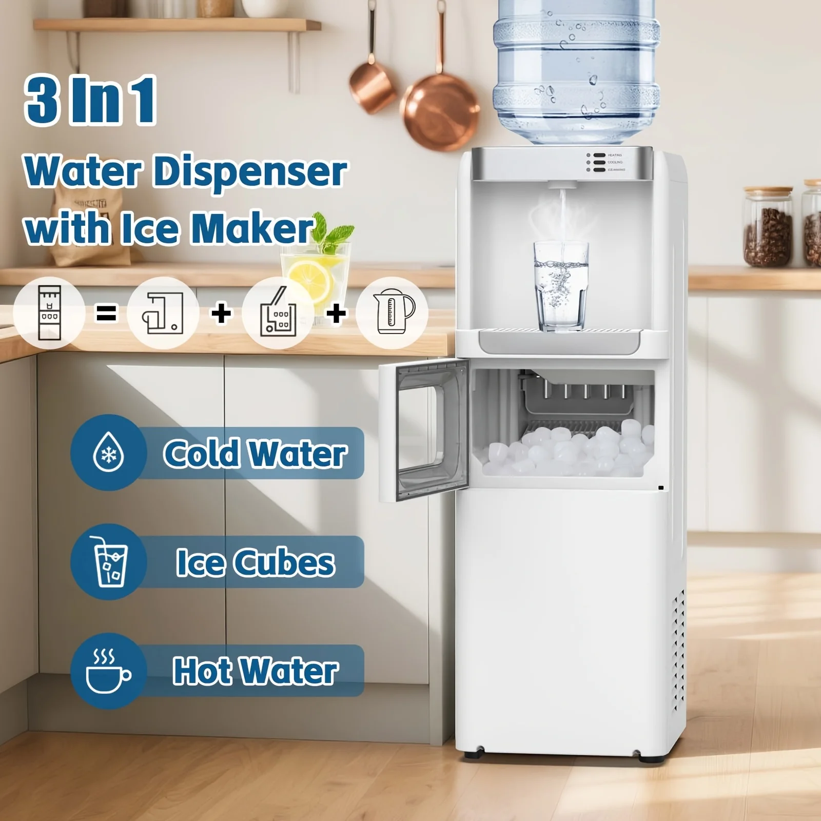 

ADVWIN 3-In-1 Water Cooler Dispenser Featuring an Ice Maker, Capable of Producing 33Lbs of Ice Per Day, Designed for 3 Or 5-Gallon Top Loading, Suitable for Home Or Office Use, Providing Both Hot And Cold Water, Equipped with a Child Safety Lock