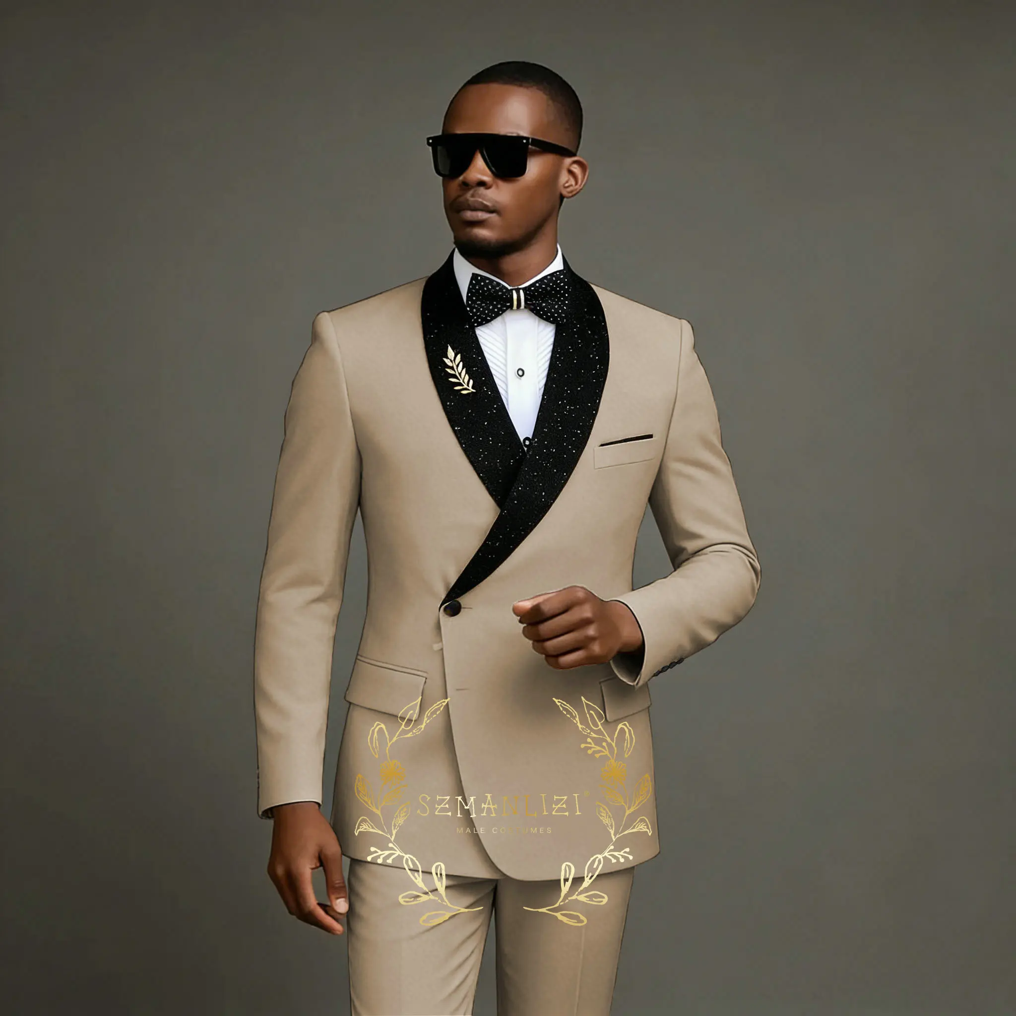 

Formal Beige Wedding Men Suits Set Double Breasted Groomsmen Groom Tuxedo Fashion Designs Shiny Shawl Lapel Blazer Pants 2Pcs