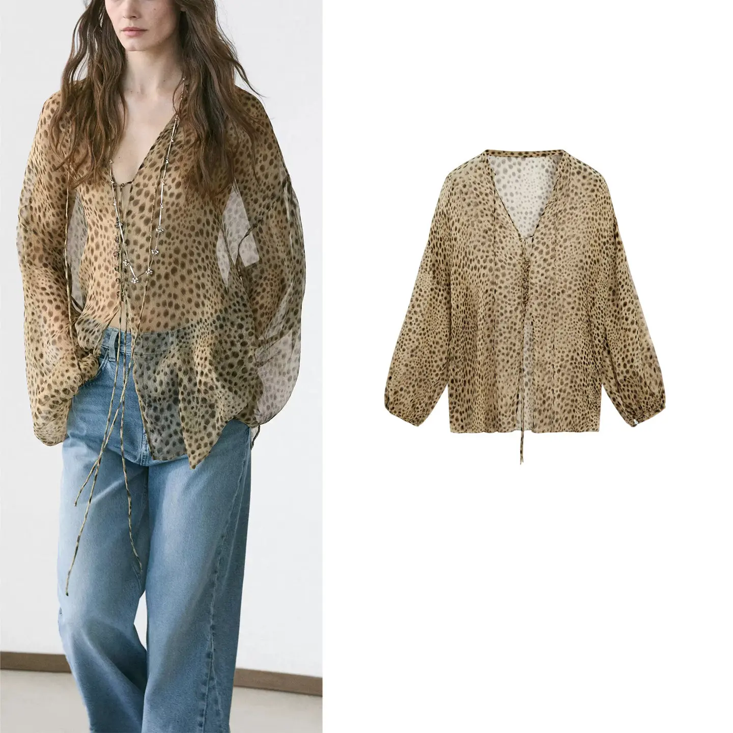 Sexy Animal Print Long Sleeve Shirt for Women Spring Summer New Style  Knot Waistband Casual Loose Fit Polyester Fiber