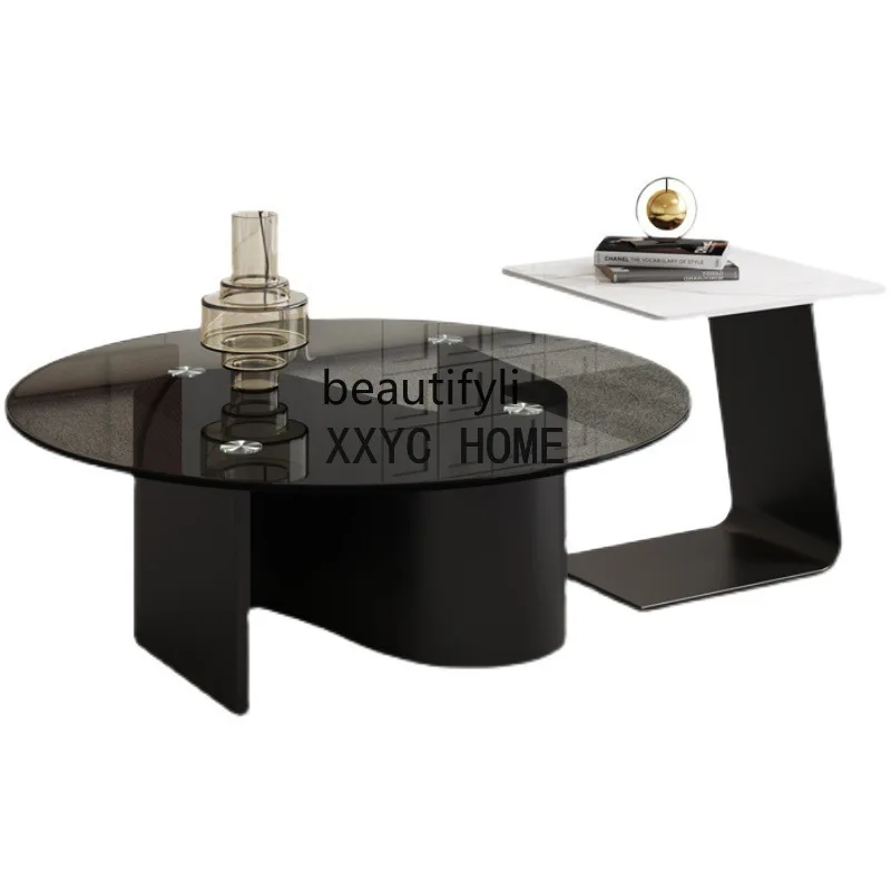 

Stone Plate Coffee Table Coffee Table Combination Living Room round Tempered Glass Coffee Table