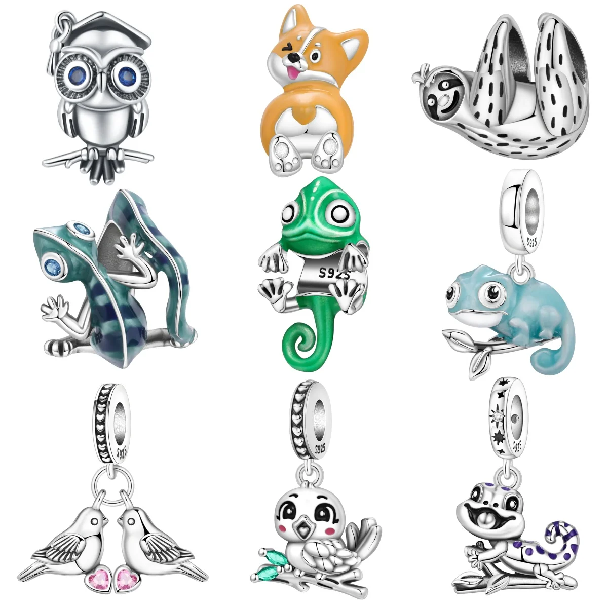 

Подвеска MISEFF S925 из стерлингового серебра с изображением животных: птица, хамелеон, ленивец, для браслета, для самостоятельного изготовления украшений, подарок на день рождения для женщин