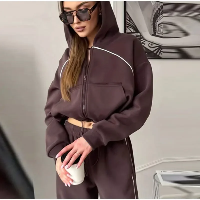 Damen-Hosen 2-teiliges Set: Kapuzenjacke mit langen Ärmeln und Reißverschluss, elastische Taille, weit geschnittene Hose, schicke Damen-Sportbekleidung, neues Herbst-Outfit. – Detail 8