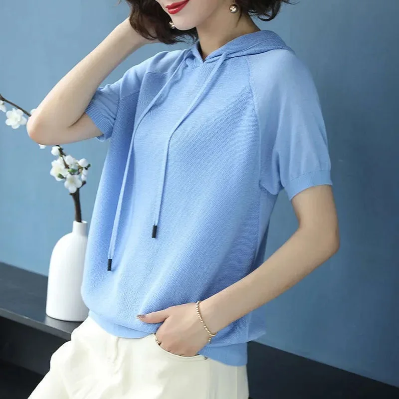 

Blue Hooded Sweater Tops Fashion Short-sleeved T-shirts Ladies 2023 Summer New Casual Loose Slimming Ice Silk Knitting Tshirts