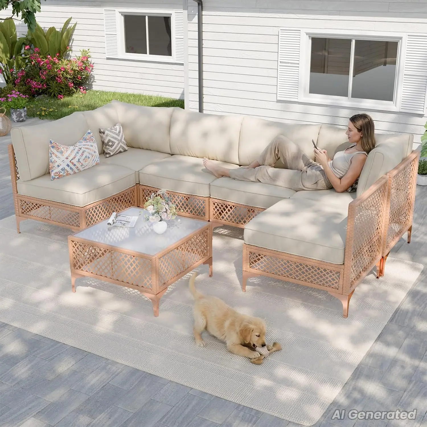 Patio Conversation Sets, 7 Piece Outdoor Furniture Set with Thick Cushions, Wicker Sectional Sofa Set with Coffee, Customized