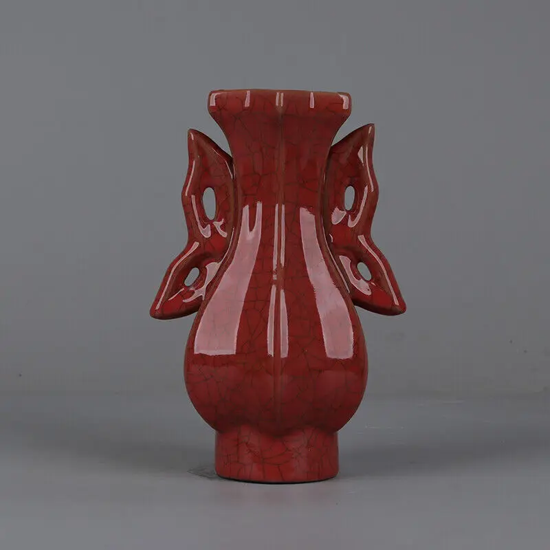 

9.1" Chinese Song Porcelain Ge Kiln Red Glaze Hacking Two Butterfly Ear Vase