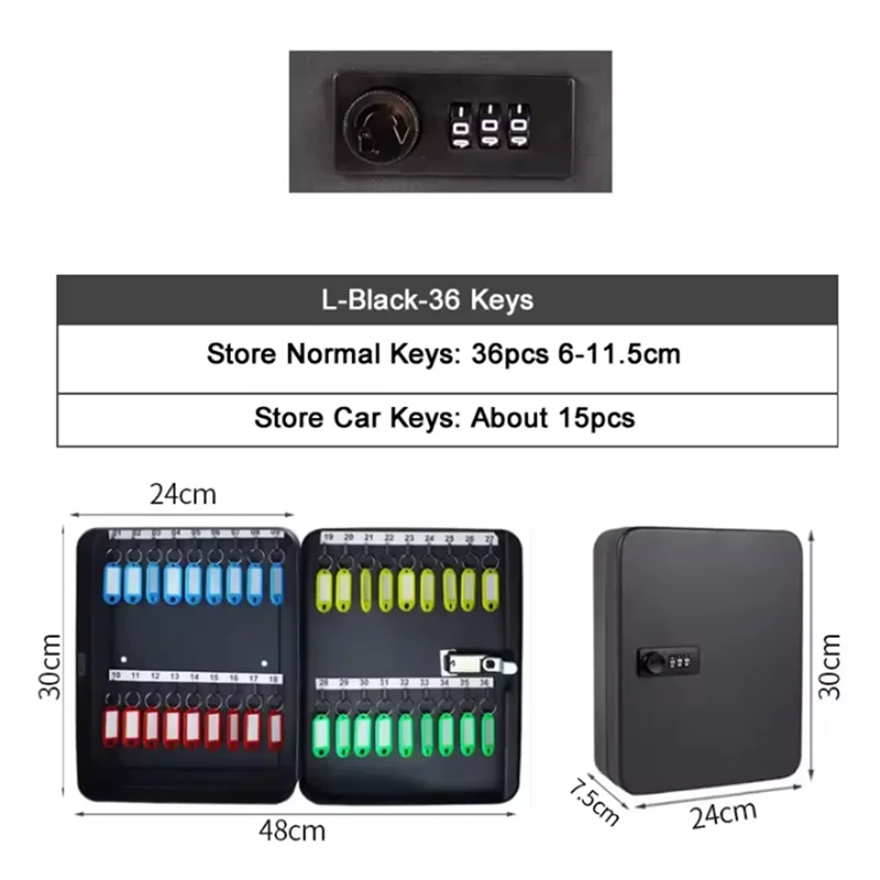 【B74A】Wall Mounted Combination Key Cabinet 36 Key Hooks Lock Box Code Lock Security Key Organizer Locking Key Storage