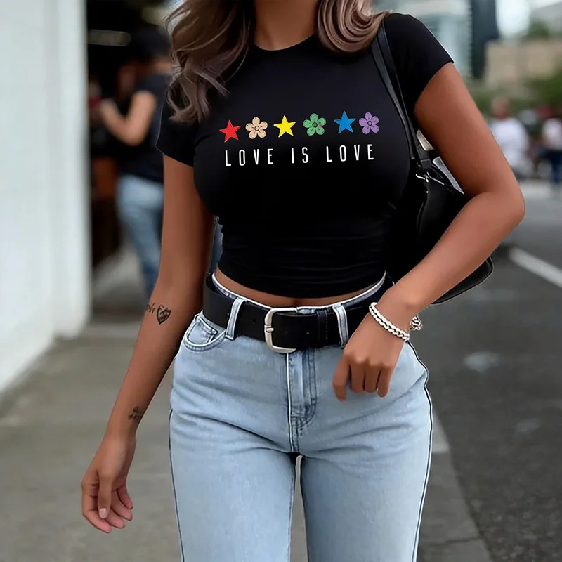 Women's Vibrant Pride Letter Love Print Summer Cropped T Shirt Graphic Y2K Crop Tops for Woman 90s Sexy Tshirt Clothing Female