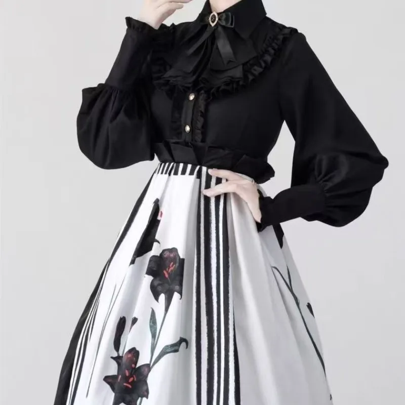 Blouse with Lolita Spring and Autumn Vintage Chiffon Sharp Collar and Lotus Leaf Edge Elegance for Slimming Inner Shirt